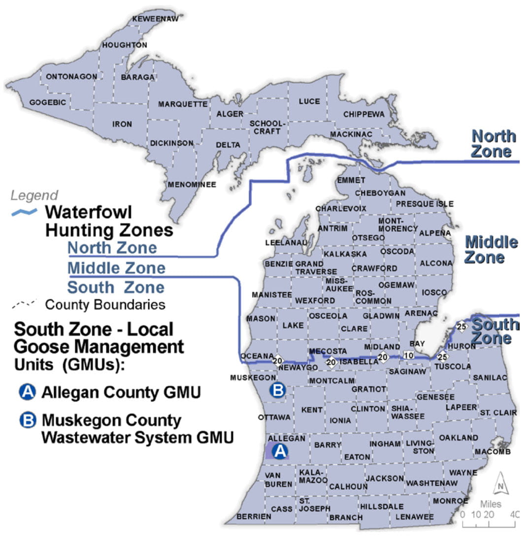 A complex map of Michigan waterfowl hunting zones. For assistance, please call 517-284-9453 or see written descriptions in the Wildlife Conservation Order available at Michigan.gov/DNRLaws. 