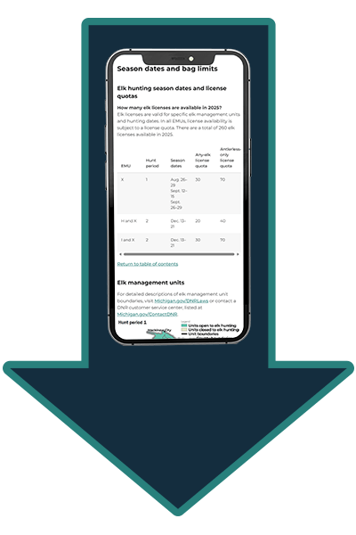 A smartphone displaying the elk hunting regulations superimposed on an arrow pointing down. 