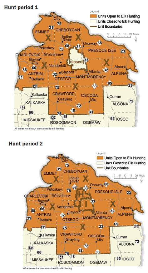 Complex maps showing elk hunting periods one and two in Michigan's northern lower peninsula. For assistance call 517-284-9453, or for a written description of boundaries see the Wildlife Conservation Order at Michigan.gov/DNRLaws.