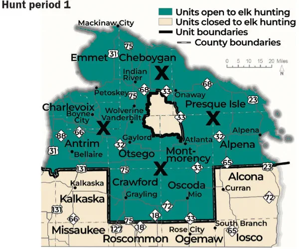 Complex regulatory map showing units open to elk hunt during period 1. For assistance, please call 517-284-9453, or see the Wildlife Conservation Order at Michigan.gov/DNRLaws for a written description of boundaries.