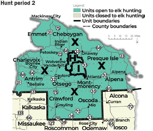 Complex regulatory map showing units open to elk hunt during period 2. For assistance, please call 517-284-9453, or see the Wildlife Conservation Order at Michigan.gov/DNRLaws for a written description of boundaries. 