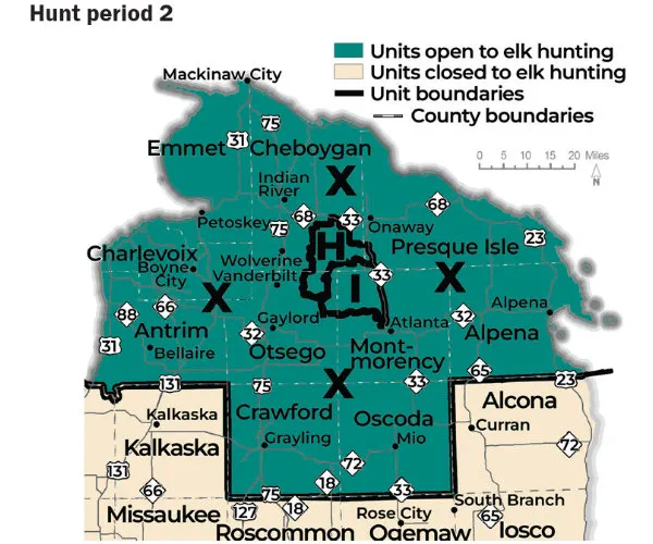 Complex regulatory map showing units open to elk hunt during period 2. For assistance, please call 517-284-9453, or see the Wildlife Conservation Order at Michigan.gov/DNRLaws for a written description of boundaries.
