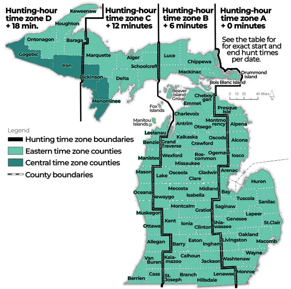 Complex map of hunting hours showing over multiple zones in the State of Michigan. For assistance, please call 517-284-9453. A written description can be found in the Wildlife Conservation Order at Michigan.gov/dnrlaws.