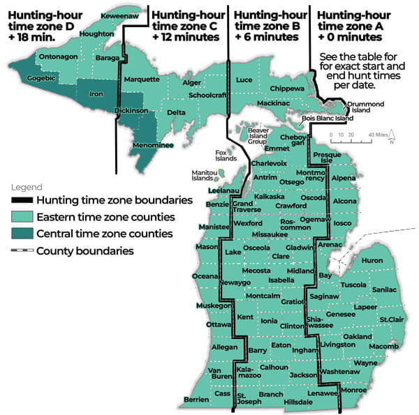 Complex map of hunting hours showing over multiple zones in the State of Michigan. For assistance, please call 517-284-9453. A written description can be found in the Wildlife Conservation Order at Michigan.gov/dnrlaws.