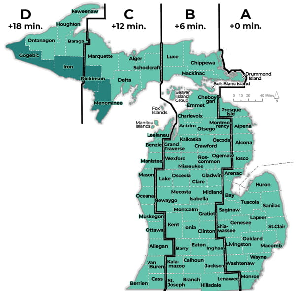 Complex map of hunting hours showing over multiple zones in the State of Michigan. For assistance, please call 517-284-9453. A written description can be found in the Wildlife Conservation Order at Michigan.gov/dnrlaws.