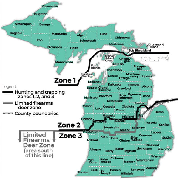 Complex regulatory map showing the hunting and trapping zone boundaries of Michigan. For assistance, please call 517-284-9453. A written description of boundaries is also available at Michigan.gov/DNRLaws in the Wildlife Conservation Order.