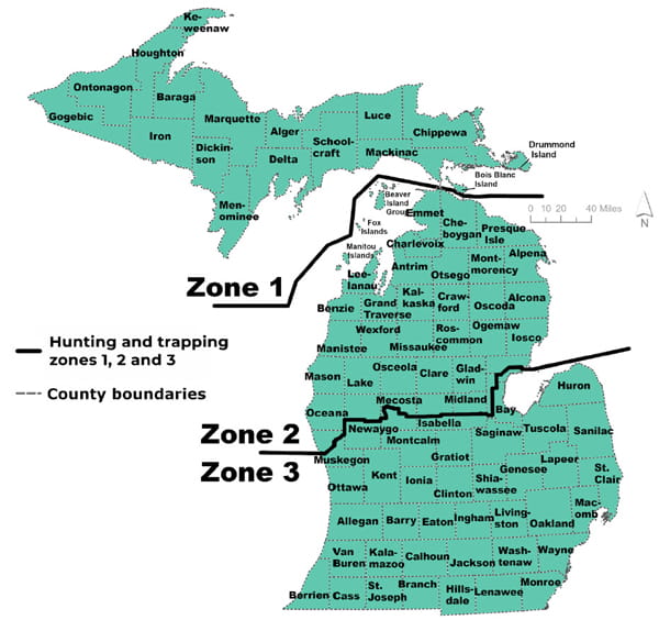 Complex map showing the hunting and trapping zone boundaries for Michigan. Zone 1 includes all of the Upper Peninsula. Zone 2 covers the northern Lower Peninsula and Zone 3 covers the southern Lower Peninsula, divided by a boundary line across the middle of the Lower Peninsula. County boundaries are shown. For assistance call 517-284-9453 or see the wildlife conservation order for a written description of boundaries at Michigan.gov.