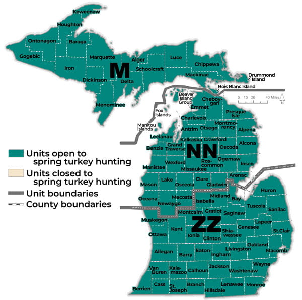 Complex regulatory map of Spring Turkey Management Unit Boundaries. For a written description, see the Wildlife Conservation Order available at Michigan.gov/DNRLaws. For assistance call 517-284-9453