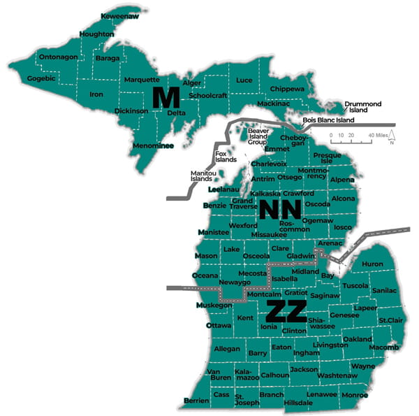 Complex regulatory map of Spring Turkey Management Unit Boundaries. For a written description, see the Wildlife Conservation Order available at Michigan.gov/DNRLaws. For assistance call 517-284-9453
