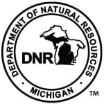 Black and white Michigan Department of Natural Resources logo featuring the State of Michigan surround in a ring by the words "Michigan Department of Natural Resources"