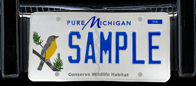 Wildlife habitat plate featuring a Kirtland's Warbler mounted to a car. 