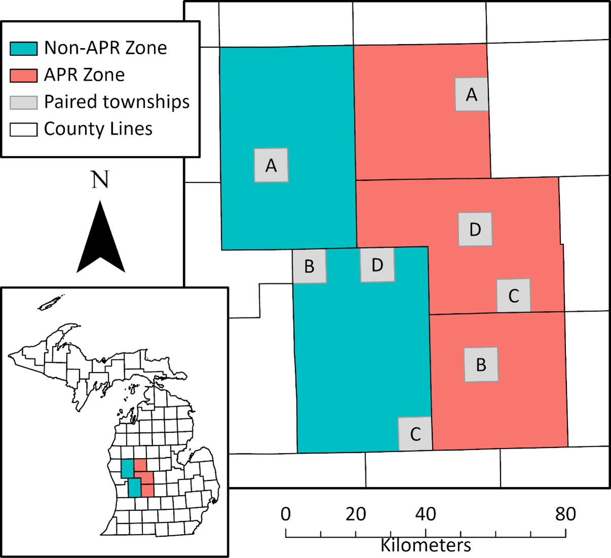 Five county study area in the south-western Lower Peninsula of Michigan. Mandatory antler point restrictions (APRs) were implemented in 2019 in the experimental area (APR Zone) but not in the control area (non-APR Zone). Townships were paired (A–D) between zones, and remote cameras were placed in each township to monitor white-tailed deer (Odocoileus virginianus) populations over four years (2019–2022).