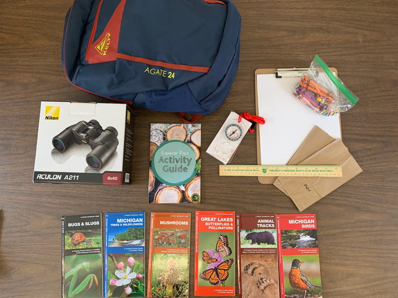 Contents of birding backpacks available at select Michigan State Parks. 