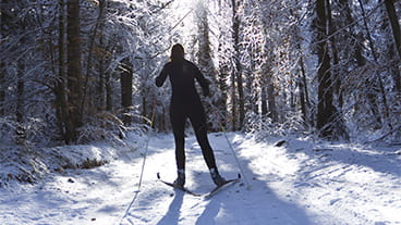 a cross-country skier gliding along a trail