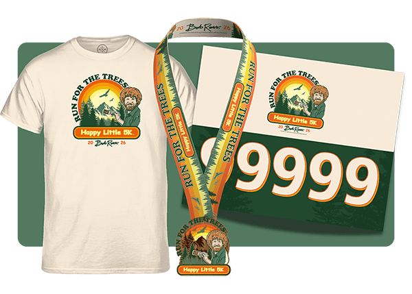 T-Shirt, medal and bib with Bob Ross-inspired design