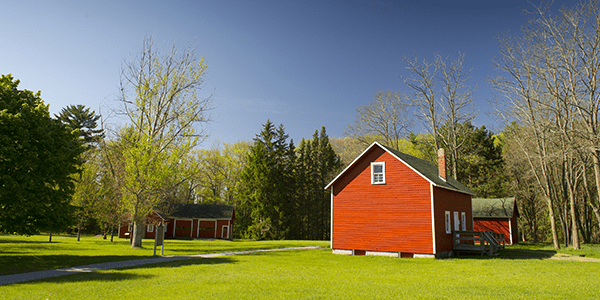 Red buildings on a sunny day.