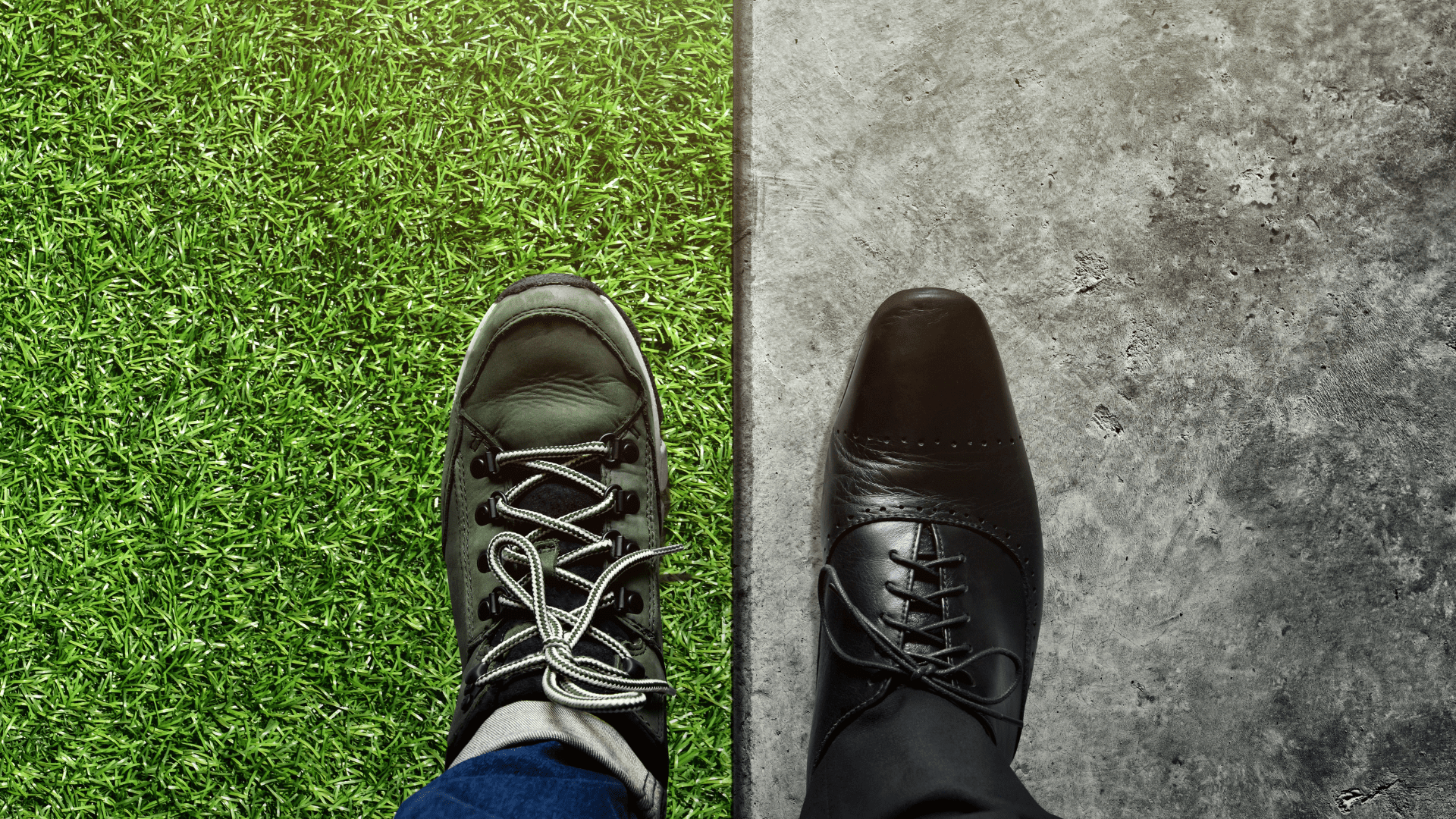 Image of a persons feet looking down from an aerial view. One foot is wearing casual tennis shoes on a grass backdrop. The other foot is wearing business dress shoes atop a concrete backdrop.
