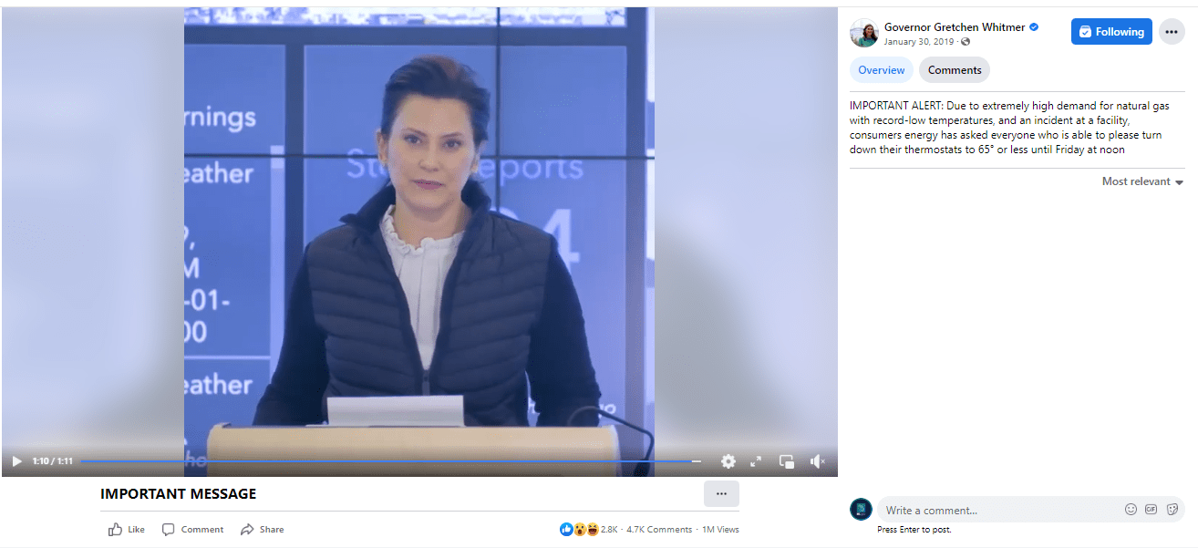 2022 Michigan Social Media Day image. Image of a Facebook post from Gov. Gretchen Whitmer in early 2019 outlining an important alert for residents. The post read, “IMPORTANT ALERT: Due to extremely high demand for natural gas with record-low temperatures, and an incident at a facility, consumers energy has asked everyone who is able to please turn down their thermostats to 65° or less until Friday at noon.”