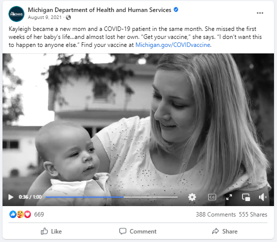 2022 Michigan Social Media Day image. Image of a Facebook post from MDHHS promoting the safe and effective COVID-19 vaccine and the state’s website Michigan.gov/COVIDvaccine. This and many of the campaign videos use personal storytelling to highlight the importance of vaccination.