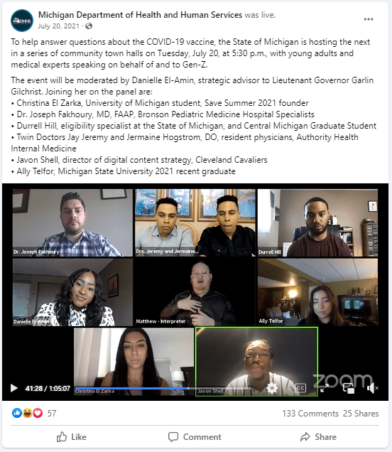 2022 Michigan Social Media Day image. Image of a post highlighting a MDHHS COVID-19 virtual townhall on Facebook.