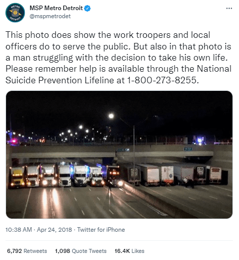 2022 Michigan Social Media Day image. In this Tweet from MSP’s Metro Detroit account, an update was shared about a man struggling with the decision to take his own life. The post and subsequent updates highlighted the incident, the help provided, and general information for those seeking help. The highway was closed, and truckers blocked the underpass as first responders resolved the situation. 