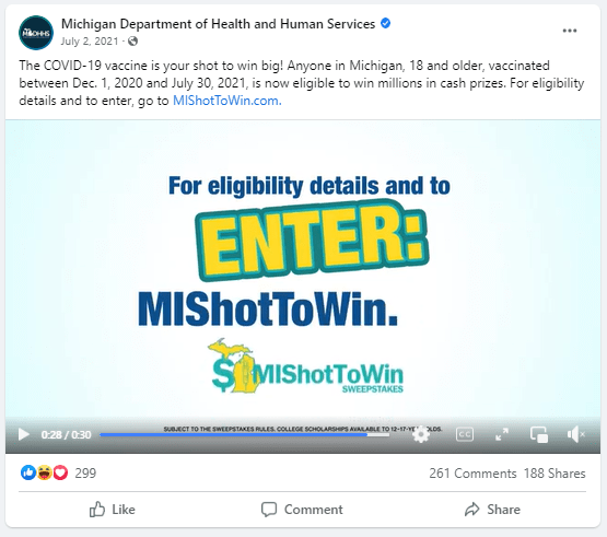2022 Michigan Social Media Day image. Image of a Facebook post promoting the creation of the MI Shot To Win Sweepstakes, a lottery-style raffle that gave vaccinated Michiganders a chance to win $5 million in cash and a combined total of nearly $500,000 in college scholarships. The Michigan's sweepstakes giveaway was powered by Meijer in partnership with the Michigan Association of United Ways and the State of Michigan. 