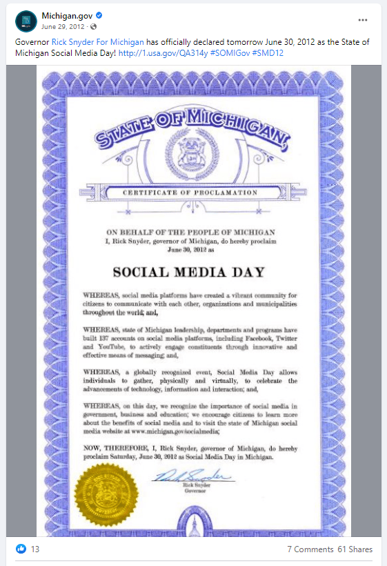 2022 Michigan Social Media Day image. Image from the State of Michigan’s Facebook page promoting the first official Social Media Day proclamation. The proclamation is dated June 30, 2012, and signed by then Gov. Rick Snyder.