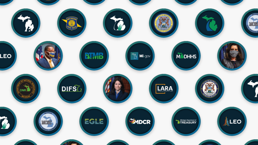 Michigan.gov social media promo graphic featuring agency logos with the SOM social branding applied.