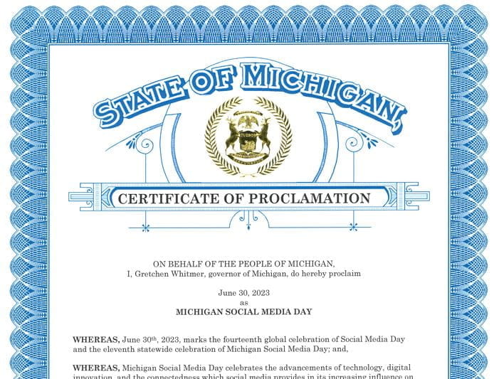 Screenshot of the 2023 Michigan Social Media Day proclamation. It shows the the top half of the proclamation.