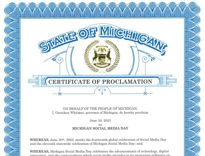 Screenshot of the 2023 Michigan Social Media Day proclamation. It shows the the top half of the proclamation.