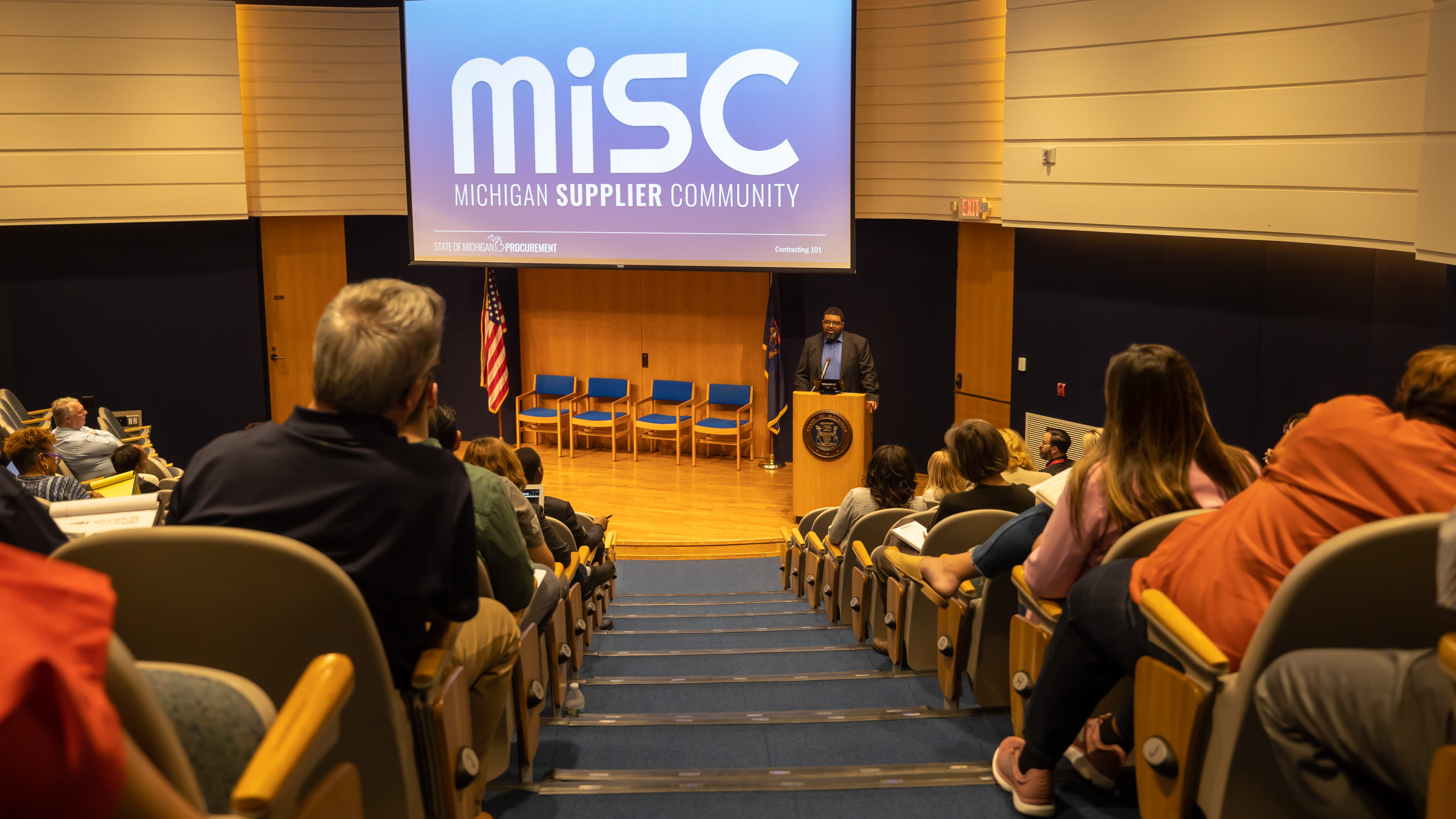 Image of attendees at a contracting 101-style seminar held at the Michigan Historical Library in April 2023. 