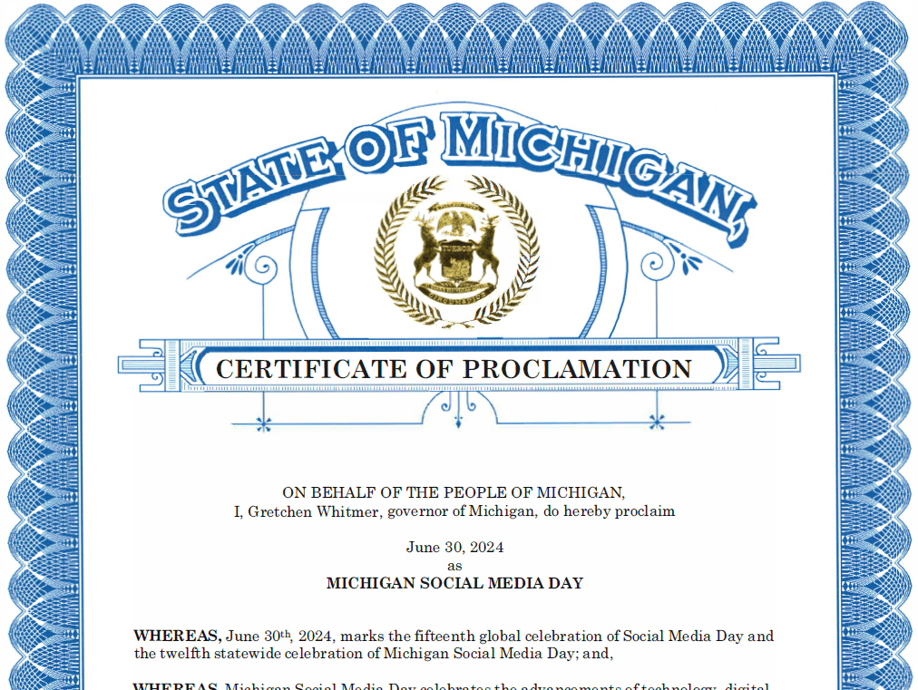 Screenshot of the 2024 Social Media Day in Michigan proclamation. Includes top half of the proclamation.