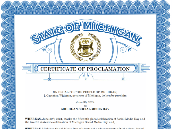 Screenshot of the 2024 Social Media Day in Michigan proclamation. Includes top half of the proclamation.