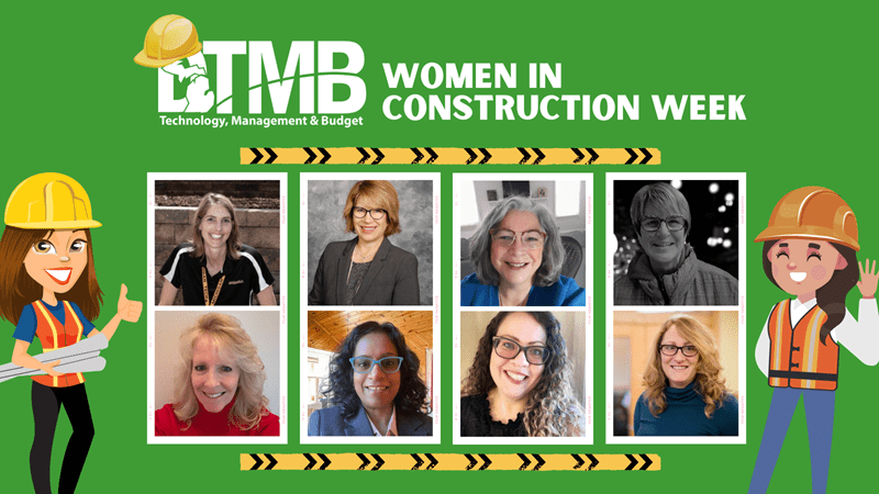 DTMB Women in construction week. Image top row left to right: Kristi Zakrzewski, Sheryl Ananich, Maria Alvaro, and Anne Watros. Bottom row left to right: Debbie Black, Indumathy Jayamani, Aimee Ragsdale, and Danielle Newman.