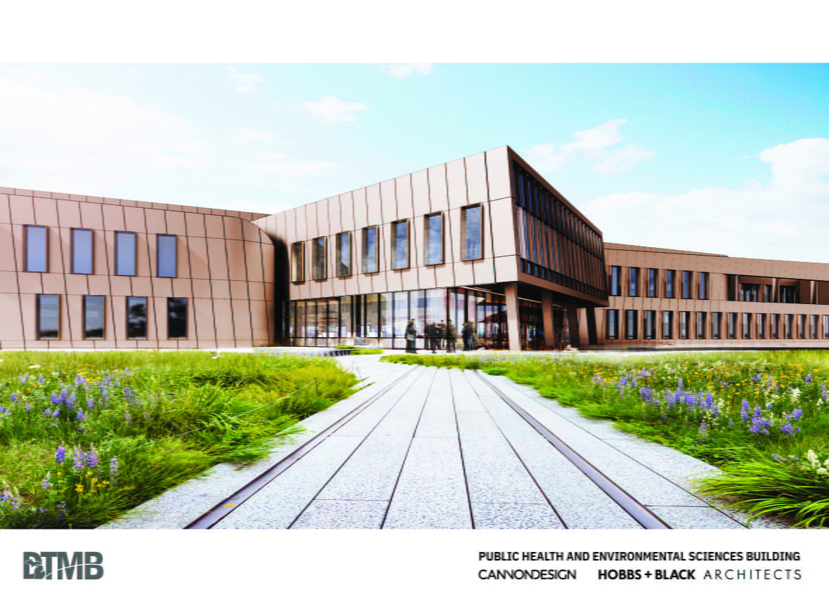 Architectural rendering state-of-the-art public health and environmental science laboratory to be constructed at the State Secondary Complex in Dimondale. Front of building.