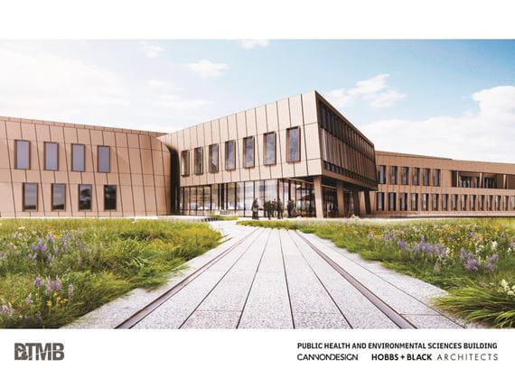 Architectural rendering state-of-the-art public health and environmental science laboratory to be constructed at the State Secondary Complex in Dimondale. Front of building.