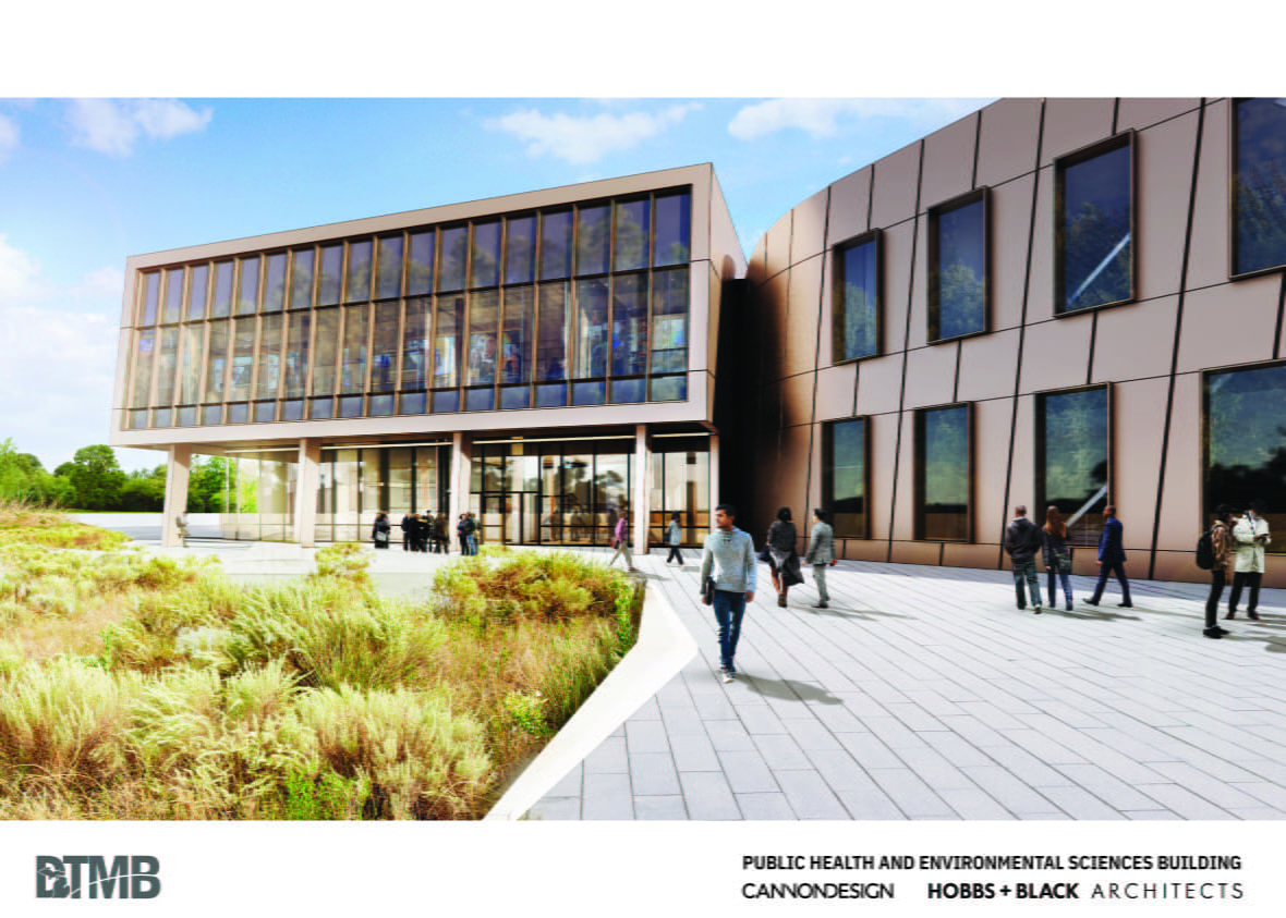 Architectural rendering state-of-the-art public health and environmental science laboratory to be constructed at the State Secondary Complex in Dimondale. Front view looking at building with walkway.