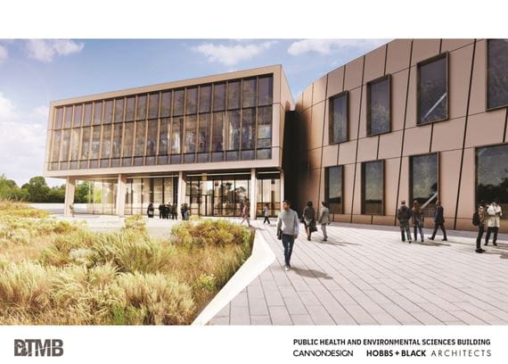 Architectural rendering state-of-the-art public health and environmental science laboratory to be constructed at the State Secondary Complex in Dimondale. Front view looking at building with walkway.