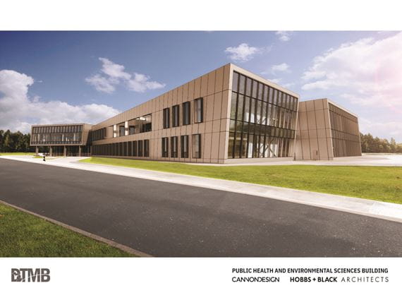 Architectural rendering state-of-the-art public health and environmental science laboratory to be constructed at the State Secondary Complex in Dimondale. View of building including driveway.