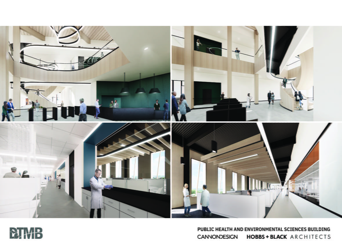 Architectural rendering state-of-the-art public health and environmental science laboratory to be constructed at the State Secondary Complex in Dimondale. Shows interior views of building.