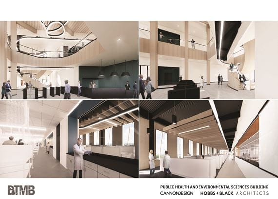 Architectural rendering state-of-the-art public health and environmental science laboratory to be constructed at the State Secondary Complex in Dimondale. Shows interior views of building.