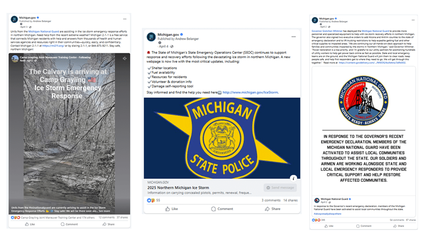 Three social media posts from the State of Michigan's Norther Michigan Ice Storm response. The posts share agency content and resources for those impacted by the severe weather. 