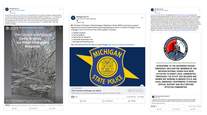 Three social media posts from the State of Michigan's Norther Michigan Ice Storm response. The posts share agency content and resources for those impacted by the severe weather.