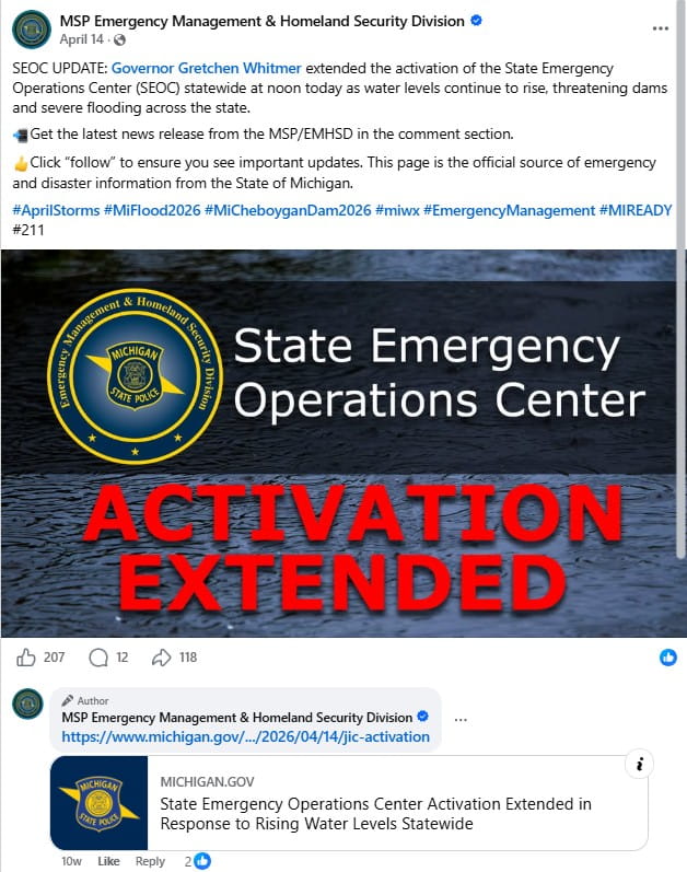 Screenshot of a social media post from the MSP/EMHSD highlighting the expansion of the SEOC and JIC to address statewide flooding in April 2025.