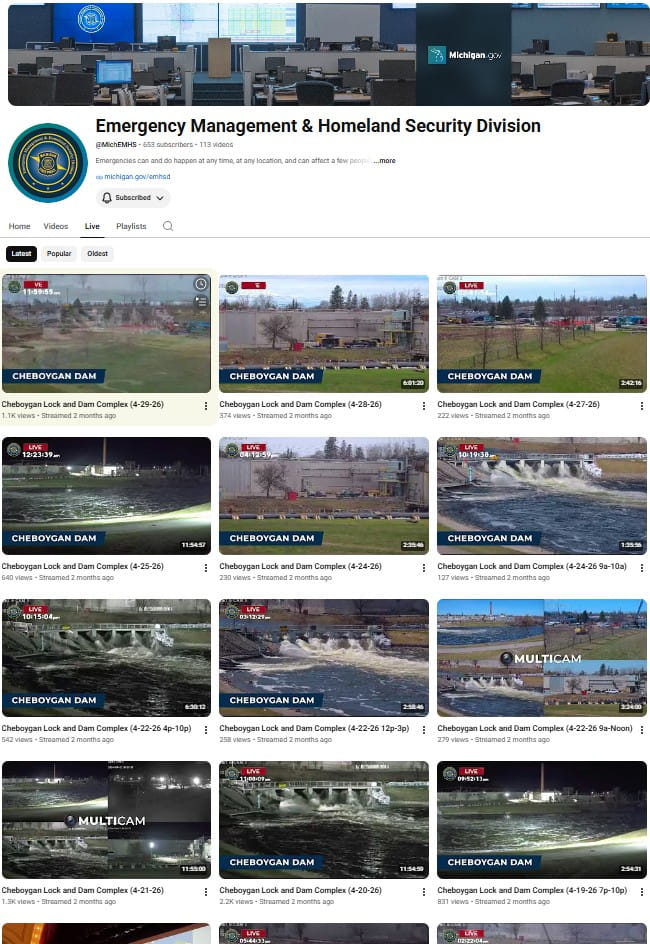 Screenshot of MSP/EMHSD YouTube channel showing live videos from the statewide flooding response.