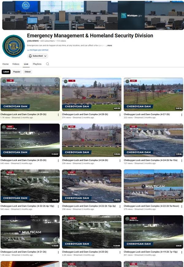 Screenshot of MSP/EMHSD YouTube channel showing live videos from the statewide flooding response.