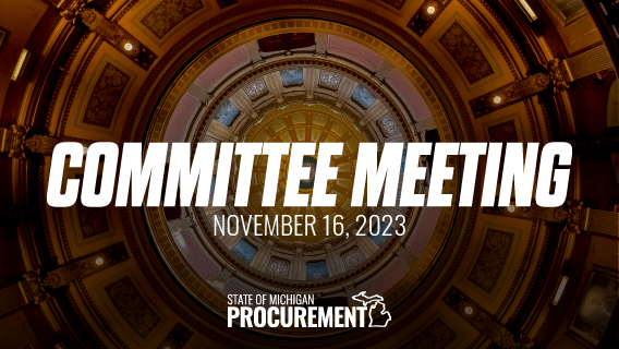 Photo of inside of the capitol dome in Lansing, MI. Overlaid text reads Committee Meeting.