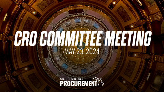 Photo of inside of the capitol dome in Lansing, MI. Overlaid text reads Committee Meeting, May 23, 2024