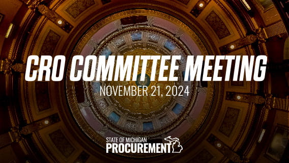 Photo of inside of the capitol dome in Lansing, MI. Overlaid text reads Committee Meeting, November 21, 2024
