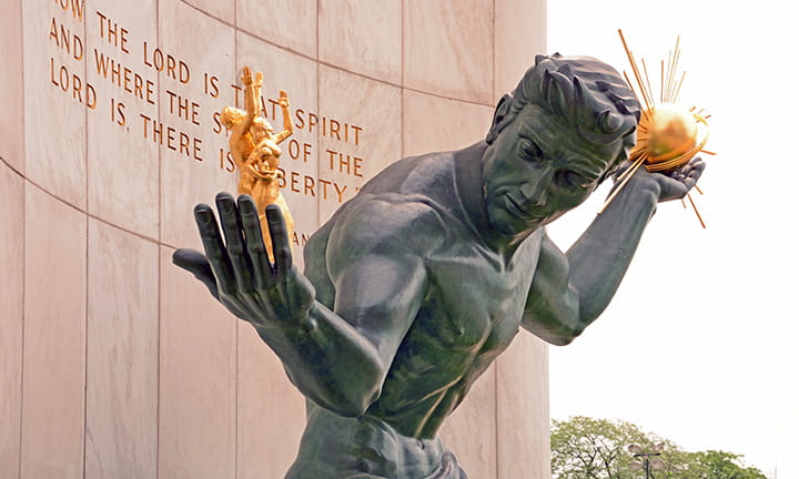 Photo of the Spirit of Detroit statue in Detroit, Michigan.
